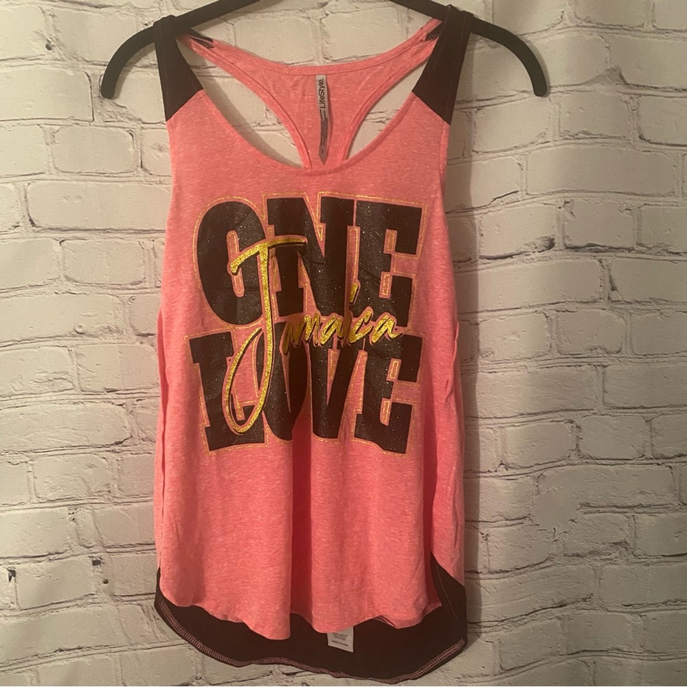 One Love Jamaica Racerback Tank Top Pink and Black Size Small